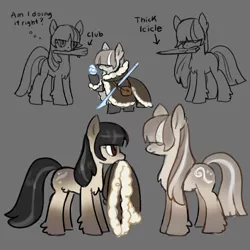 Size: 1500x1500 | Tagged: safe, artist:marbo, ponybooru import, oc, oc:cold shoulder, oc:ice elation, unofficial characters only, pony, taiga pony, /mlp/, bangs, chest fluff, clothes, club, coat, coat markings, crystal pinecone, female, fluffy, gray background, hoof fluff, ice spear, image, looking at each other, pale belly, pinecone, png, reference sheet, siblings, simple background, sisters, socks (coat marking), spear, weapon