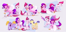 Size: 1012x503 | Tagged: safe, artist:imalou, derpibooru import, pipp petals, zipp storm, pegasus, pony, my little pony: a new generation, concept art, female, flying, g5, hooficure, hug, image, jpeg, microphone, microphone stand, siblings, singing, sisters, that pony sure does love phones, unshorn fetlocks, zipp is not amused