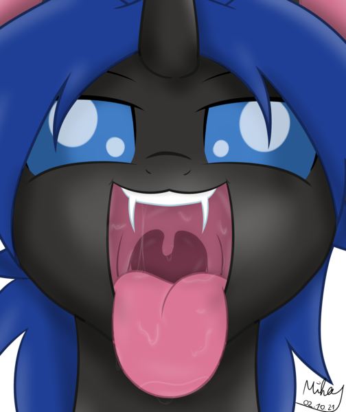 Size: 2518x3000 | Tagged: suggestive, alternate version, artist:mihaynoms, derpibooru import, oc, oc:swift dawn, unofficial characters only, changeling, pony, blue changeling, blue eyes, changeling oc, commission, drool, drool string, esophagus, eyebrows, fangs, fetish, high res, horn, image, looking at you, male, maw, mawshot, mouth, open mouth, oral invitation, png, saliva puddle, salivating, signature, simple background, slimy, smiling, solo, stallion, this will end in vore, throat, tongue out, transparent background, uvula, volumetric mouth