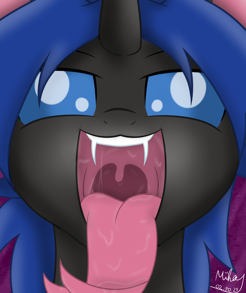 Size: 2518x3000 | Tagged: suggestive, alternate version, artist:mihaynoms, derpibooru import, oc, oc:swift dawn, unofficial characters only, changeling, pony, blue changeling, blue eyes, changeling oc, commission, drool, drool string, esophagus, eyebrows, fangs, fetish, forked tongue, high res, horn, image, long tongue, looking at you, male, maw, mawshot, mouth, open mouth, oral invitation, png, purple background, saliva puddle, salivating, signature, simple background, slimy, smiling, solo, stallion, this will end in vore, throat, tongue out, uvula, volumetric mouth