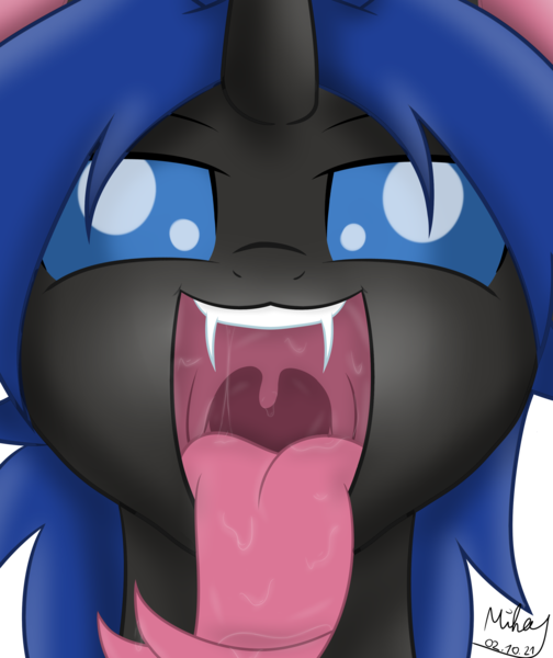 Size: 2518x3000 | Tagged: suggestive, alternate version, artist:mihaynoms, derpibooru import, oc, oc:swift dawn, unofficial characters only, changeling, pony, blue changeling, blue eyes, changeling oc, commission, drool, drool string, esophagus, eyebrows, fangs, fetish, forked tongue, high res, horn, image, long tongue, looking at you, male, maw, mawshot, mouth, open mouth, oral invitation, png, saliva puddle, salivating, signature, simple background, slimy, smiling, solo, stallion, this will end in vore, throat, tongue out, transparent background, uvula, volumetric mouth