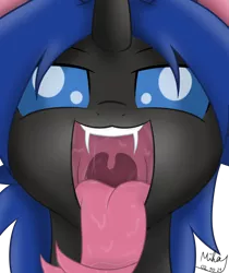 Size: 2518x3000 | Tagged: suggestive, alternate version, artist:mihaynoms, derpibooru import, oc, oc:swift dawn, unofficial characters only, changeling, pony, blue changeling, blue eyes, changeling oc, commission, drool, drool string, esophagus, eyebrows, fangs, fetish, forked tongue, high res, horn, image, long tongue, looking at you, male, maw, mawshot, mouth, open mouth, oral invitation, png, saliva puddle, salivating, signature, simple background, slimy, smiling, solo, stallion, this will end in vore, throat, tongue out, transparent background, uvula, volumetric mouth