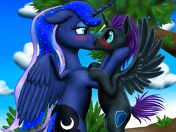 Size: 1600x1200 | Tagged: safe, artist:vasillium, derpibooru import, princess luna, oc, oc:nox, oc:nyx, alicorn, pony, alicorn oc, blushing, canon x oc, female, horn, image, kissing, male, png, rule 63, shipping, wings