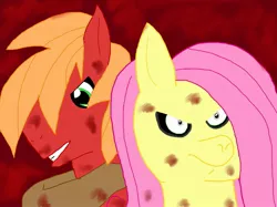 Size: 2592x1936 | Tagged: semi-grimdark, artist:everydayery5, derpibooru import, big macintosh, fluttershy, .mov, fanfic:sweet apple massacre, shed.mov, blood, fanfic art, female, fluttermac, image, jpeg, male, red background, shipping, simple background, straight