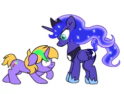 Size: 1980x1500 | Tagged: safe, artist:iceflower99, derpibooru import, princess luna, oc, oc:buggy brush, alicorn, pony, unicorn, best pony, blue eyes, crown, duo, female, floppy ears, folded wings, green eyes, hoof shoes, horn, image, jewelry, looking at each other, mare, peytral, png, regalia, simple background, standing, tail, two toned mane, unicorn oc, wavy mouth, white background, wings, yellow tail