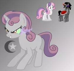 Size: 1243x1199 | Tagged: safe, artist:pastelnightyt, derpibooru import, king sombra, sweetie belle, oc, pony, unicorn, crack ship offspring, crescent moon, female, image, male, moon, offspring, parent:king sombra, parent:sweetie belle, parents:sombrabelle, png, possessed, shipping, sombra eyes, sombrabelle, stars, straight