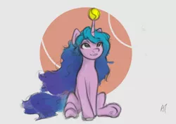 Size: 1984x1403 | Tagged: safe, artist:appletree12112, derpibooru import, izzy moonbow, pony, unicorn, ball, female, g5, horn, horn guard, horn impalement, image, izzy's tennis ball, long mane, mare, png, sitting, solo, tail, tennis ball, underhoof