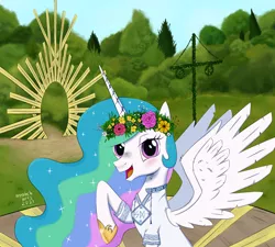 Size: 7106x6389 | Tagged: safe, artist:myabcboyarts, derpibooru import, princess celestia, alicorn, pony, blushing, clothes, female, festival, floral head wreath, flower, image, midsommar, png, solo, summer solstice