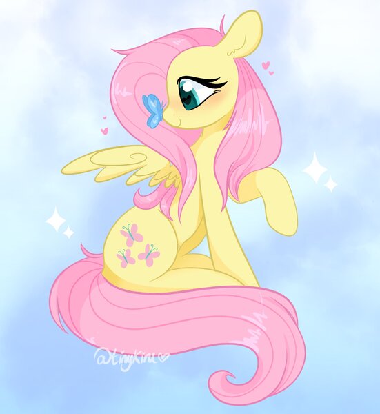 Size: 1880x2048 | Tagged: safe, artist:tinykiru, derpibooru import, fluttershy, butterfly, insect, pegasus, pony, butterfly on nose, cute, ear fluff, female, heart, heart eyes, image, insect on nose, jpeg, mare, ponytober, profile, shyabetes, sitting, solo, wingding eyes