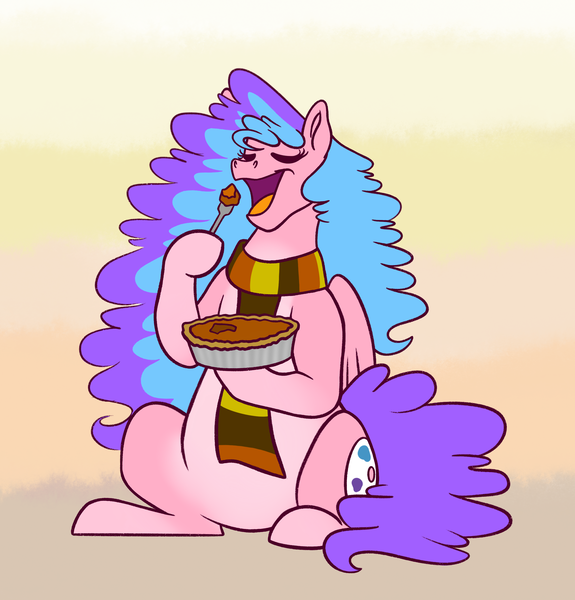 Size: 2739x2858 | Tagged: safe, artist:bellbell123, derpibooru import, oc, oc:bella pinksavage, pony, clothes, eathing, eyes closed, female, food, hoof hold, image, pie, png, pumpkin pie, scarf, sitting, solo