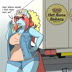 Size: 3000x3000 | Tagged: safe, artist:lex-i-paws, derpibooru import, oc, oc:ruby blossom, unofficial characters only, anthro, earth pony, breasts, chubby, cleavage, clothes, curvy, female, image, plump, png, pun, shorts, solo, truck, trucker, vest, visual pun