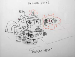 Size: 1440x1099 | Tagged: safe, artist:tjpones, derpibooru import, twilight sparkle, pony, unicorn, cardboard, cardboard box, clothes, costume, female, filly, filly twilight sparkle, grayscale, halloween, halloween costume, holiday, image, inktober, inktober 2021, levitation, magic, monochrome, neo noir, partial color, png, raygun, robot costume, solo, telekinesis, traditional art, twiggie, younger