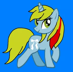 Size: 607x600 | Tagged: safe, artist:piggyman54, derpibooru import, ribbon (g1), pony, unicorn, blue background, cute, female, g1, g1 to g4, g4, generation leap, image, mare, png, ribbondorable, simple background, smiling, solo