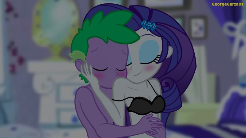 Size: 3640x2048 | Tagged: suggestive, artist:georgegarza01, derpibooru import, rarity, spike, human, equestria girls, blushing, bra, clothes, eyes closed, female, human spike, humanized, image, jpeg, kissing, male, shipping, sparity, straight, underwear