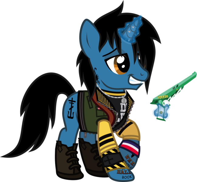 Size: 1317x1217 | Tagged: safe, artist:lightningbolt, derpibooru import, ponified, pony, unicorn, .svg available, boots, button, clothes, danger days: the true lives of the fabulous killjoys, derpibooru exclusive, frank iero, glow, glowing horn, grin, gun, horn, horn piercing, image, jacket, jewelry, lidded eyes, male, my chemical romance, necklace, piercing, png, raised hoof, ray gun, shirt, shoes, simple background, smiling, solo, stallion, t-shirt, tattoo, transparent background, undershirt, vector, vest, weapon, wristband, zipper