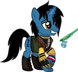 Size: 1317x1217 | Tagged: safe, artist:lightningbolt, derpibooru import, ponified, pony, unicorn, .svg available, boots, button, clothes, danger days: the true lives of the fabulous killjoys, derpibooru exclusive, frank iero, glow, glowing horn, grin, gun, horn, horn piercing, image, jacket, jewelry, lidded eyes, male, my chemical romance, necklace, piercing, png, raised hoof, ray gun, shirt, shoes, simple background, smiling, solo, stallion, t-shirt, tattoo, transparent background, undershirt, vector, vest, weapon, wristband, zipper