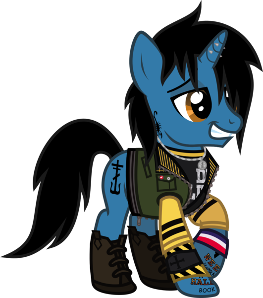 Size: 1078x1217 | Tagged: safe, artist:lightningbolt, derpibooru import, ponified, pony, unicorn, .svg available, boots, button, clothes, danger days: the true lives of the fabulous killjoys, derpibooru exclusive, frank iero, grin, horn, horn piercing, image, jacket, jewelry, lidded eyes, male, my chemical romance, necklace, piercing, png, raised hoof, shirt, shoes, simple background, smiling, solo, stallion, t-shirt, tattoo, transparent background, undershirt, vector, vest, wristband, zipper