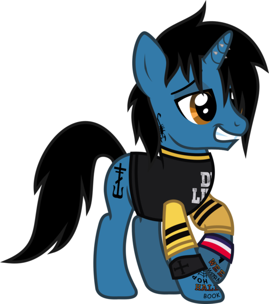 Size: 1078x1217 | Tagged: safe, artist:lightningbolt, derpibooru import, ponified, pony, unicorn, .svg available, clothes, danger days: the true lives of the fabulous killjoys, derpibooru exclusive, frank iero, grin, horn, horn piercing, image, lidded eyes, male, my chemical romance, piercing, png, raised hoof, shirt, simple background, smiling, solo, stallion, t-shirt, tattoo, transparent background, vector, wristband