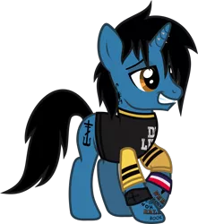 Size: 1078x1217 | Tagged: safe, artist:lightningbolt, derpibooru import, ponified, pony, unicorn, .svg available, clothes, danger days: the true lives of the fabulous killjoys, derpibooru exclusive, frank iero, grin, horn, horn piercing, image, lidded eyes, male, my chemical romance, piercing, png, raised hoof, shirt, simple background, smiling, solo, stallion, t-shirt, tattoo, transparent background, vector, wristband