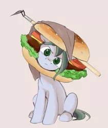 Size: 927x1100 | Tagged: safe, artist:jewellier, derpibooru import, oc, oc:dusty soil, unofficial characters only, earth pony, pony, burger, female, food, hamburger, hoe (tool), image, jpeg, looking at you, mare, oda 997, simple background, solo