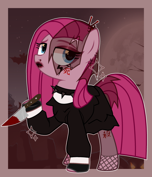 Size: 2054x2394 | Tagged: safe, artist:idkhesoff, derpibooru import, pinkie pie, earth pony, pony, alternate hairstyle, blood, choker, clothes, dress, ear piercing, earring, eyeshadow, female, fingerless gloves, fishnets, gloves, goth, hairpin, image, japanese, jewelry, knife, leggings, lipstick, makeup, mare, moon runes, nose piercing, piercing, pinkamena diane pie, png, solo, spiked choker, tattoo, veil