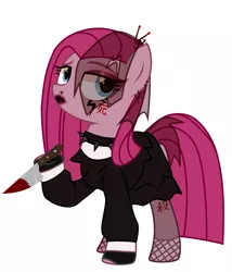 Size: 2054x2394 | Tagged: safe, alternate version, artist:idkhesoff, derpibooru import, pinkie pie, earth pony, pony, alternate hairstyle, blood, choker, clothes, dress, ear piercing, earring, eyeshadow, female, fingerless gloves, fishnets, gloves, goth, hairpin, image, japanese, jewelry, knife, leggings, lipstick, makeup, mare, moon runes, nose piercing, piercing, pinkamena diane pie, png, simple background, solo, spiked choker, tattoo, veil, white background