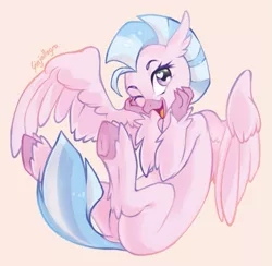 Size: 639x623 | Tagged: safe, artist:ginjallegra, derpibooru import, silverstream, hippogriff, beak, cute, diastreamies, female, heart eyes, image, looking at you, one eye closed, open beak, open mouth, open smile, png, simple background, smiling, solo, wingding eyes