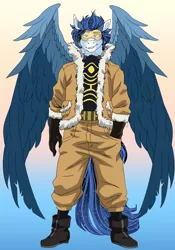 Size: 1716x2447 | Tagged: safe, artist:inisealga, derpibooru import, oc, oc:soaring spirit, unofficial characters only, anthro, pegasus, pony, abstract background, aviator goggles, bomber jacket, boots, clothes, cosplay, costume, gloves, goggles, gradient background, hawks, image, jacket, jpeg, male, my hero academia, pants, pegasus oc, shoes, solo, spread wings, stallion, wings