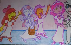 Size: 1280x813 | Tagged: safe, artist:dex stewart, derpibooru import, apple bloom, scootaloo, sweetie belle, human, equestria girls, chiro, cutie mark crusaders, image, jinmay, jpeg, marriage, super robot monkey team hyperforce go!, traditional art, wedding