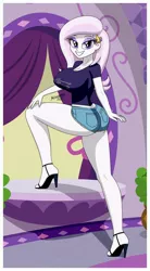 Size: 1894x3440 | Tagged: safe, alternate version, artist:sonork91, derpibooru import, fleur-de-lis, equestria girls, ass, big breasts, breasts, busty fleur-de-lis, butt, clothes, daisy dukes, derpibooru exclusive, feet, female, grin, high heels, high res, image, jpeg, legs, lidded eyes, looking at you, miss fleur is trying to seduce us, sandals, shirt, shoes, shorts, smiling, smiling at you, solo, t-shirt, thighs