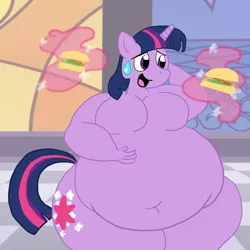 Size: 2000x2000 | Tagged: suggestive, artist:sinkcandycentral, derpibooru import, twilight sparkle, anthro, unicorn, belly, belly button, big belly, breasts, burger, busty twilight sparkle, fat, featureless breasts, food, grin, hay burger, huge belly, image, jpeg, levitation, magic, nervous, nervous grin, nervous sweat, nudity, open mouth, smiling, sweat, sweatdrop, telekinesis, twilard sparkle, twilight burgkle, unicorn twilight, weight gain