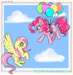 Size: 1386x1422 | Tagged: safe, artist:nichandesu, derpibooru import, fluttershy, pinkie pie, earth pony, pegasus, pony, :d, balloon, cute, diapinkes, duo, eyelashes, female, floating, image, jpeg, mare, open mouth, open smile, shyabetes, smiling, then watch her balloons lift her up to the sky, wings