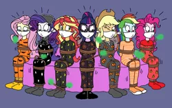 Size: 2658x1664 | Tagged: safe, artist:bugssonicx, derpibooru import, applejack, fluttershy, pinkie pie, rainbow dash, rarity, sci-twi, sunset shimmer, twilight sparkle, ghost, undead, equestria girls, bondage, cloth gag, clothes, footed sleeper, gag, humane five, humane seven, humane six, image, nightgown, one eye closed, pajamas, png, rope, rope bondage, socks, sweat, sweatdrop, teary eyes, tied up, tying, wide eyes