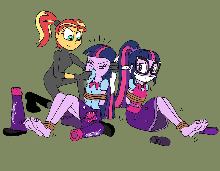 Size: 1528x1187 | Tagged: safe, artist:bugssonicx, derpibooru import, sci-twi, sunset shimmer, twilight sparkle, equestria girls, arm behind back, barefoot, bondage, bound and gagged, catsuit, cloth gag, clothes, eyes closed, feet, gag, gagging, image, png, rope, rope bondage, shoes, sock gag, socks, stuffed gag, tied up, twolight