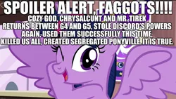 Size: 1920x1080 | Tagged: safe, derpibooru import, edit, edited screencap, screencap, twilight sparkle, twilight sparkle (alicorn), alicorn, spoiler:comic102, caption, fake, faker than a three dollar bill, g5, image, image macro, implied chrysalis, implied cozy glow, implied death, implied discord, implied lord tirek, jpeg, segregation, spoiler alert, text, vulgar