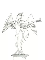 Size: 1000x1321 | Tagged: safe, artist:baron engel, derpibooru import, twilight sparkle, twilight sparkle (alicorn), alicorn, anthro, pony, female, image, jpeg, mare, monochrome, pencil drawing, solo, statue, traditional art