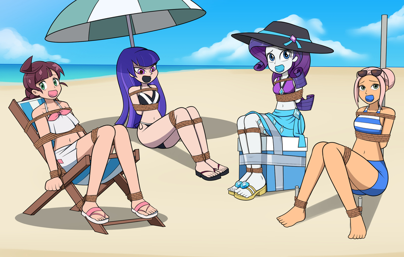 Size: 2200x1400 | Tagged: suggestive, alternate version, artist:nivek15, derpibooru import, rarity, human, equestria girls, arm behind back, barefoot, beach, beach chair, beach hat, beach umbrella, belly button, bikini, bikini bottom, bikini top, bondage, bound and gagged, breast bondage, breasts, brooklyn (camp cretaceous), chloe (pokemon), clothes, cooler, crossover, feet, gag, image, jpeg, parasol (umbrella), rope, rope bondage, sandals, sitting, stuffed gag, sunglasses, swimsuit, tape, tape bondage, tied to chair, tied up, umbrella, zatanna, zee zatara