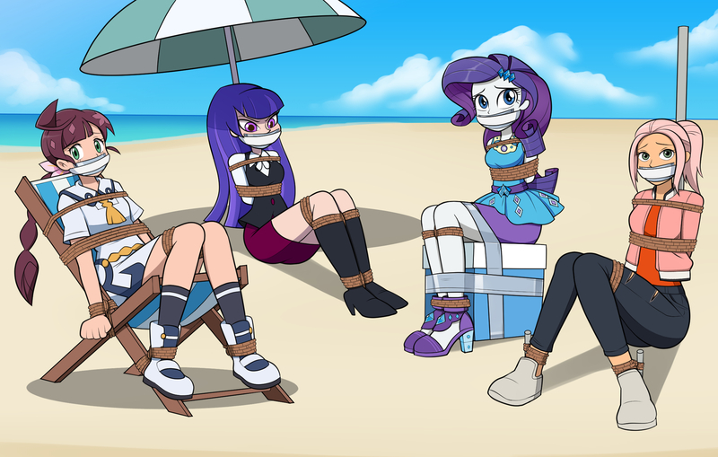 Size: 2200x1400 | Tagged: suggestive, alternate version, artist:nivek15, derpibooru import, rarity, human, equestria girls, arm behind back, beach, beach chair, beach umbrella, bondage, bound and gagged, breast bondage, breasts, brooklyn (camp cretaceous), chloe (pokemon), cleave gag, clothes, cooler, crossover, dress, gag, image, jpeg, parasol (umbrella), rarity peplum dress, rope, rope bondage, sitting, tape, tape bondage, tape gag, tied to chair, tied up, umbrella, zatanna, zee zatara