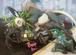 Size: 4000x2898 | Tagged: safe, artist:ralek, derpibooru import, oc, oc:ralek, oc:target strike, unofficial characters only, anthro, gryphon, pony, unguligrade anthro, back to the future, car, city, collar, crushing, delorean, destruction, feral, image, leash, male, png, size difference, spiked collar, talons, underhoof, vehicle