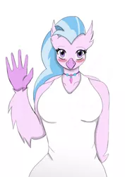 Size: 595x842 | Tagged: safe, artist:afhybrid, derpibooru import, silverstream, anthro, hippogriff, arm behind back, blushing, breasts, busty silverstream, female, image, jewelry, jpeg, necklace, simple background, smiling, solo, waving, white background, white dress
