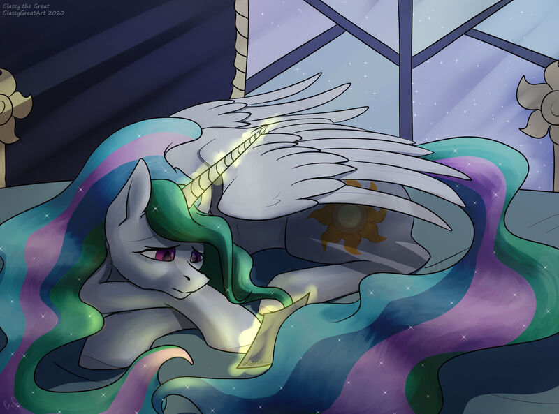 Size: 1280x949 | Tagged: safe, artist:glassygreatart, derpibooru import, princess celestia, alicorn, pony, bed, female, image, implied princess luna, jpeg, magic, mare, night, paper, sad, solo, telekinesis, window