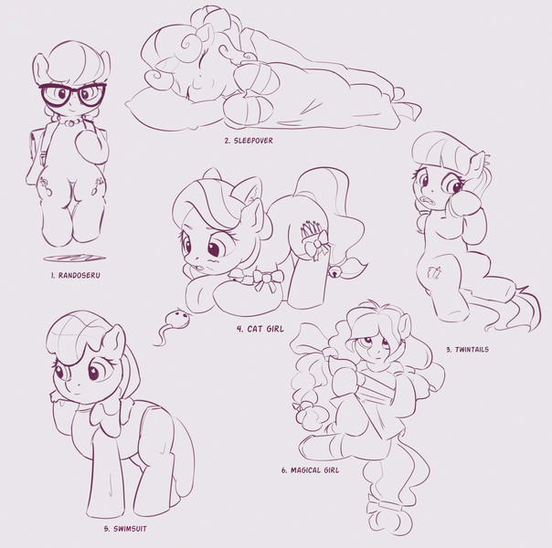 Size: 1244x1235 | Tagged: safe, artist:drafthoof, derpibooru import, ponybooru import, apple bloom, diamond tiara, lily longsocks, silver spoon, sweetie belle, cat, earth pony, pony, unicorn, catgirl, clothes, female, filly, foal, glasses, image, lineart, lolitober, magical girl, pigtails, png, randoseru, simple background, sleeping, sleepover, swimsuit, twintails, wet