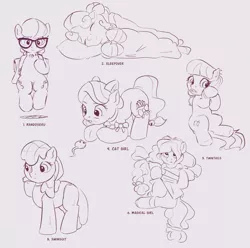 Size: 1244x1235 | Tagged: safe, artist:drafthoof, derpibooru import, ponybooru import, apple bloom, diamond tiara, lily longsocks, silver spoon, sweetie belle, cat, earth pony, pony, unicorn, catgirl, clothes, female, filly, foal, glasses, image, lineart, lolitober, magical girl, pigtails, png, randoseru, simple background, sleeping, sleepover, swimsuit, twintails, wet