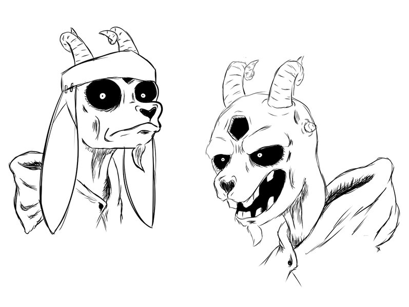 Size: 3341x2515 | Tagged: safe, artist:alpaca_arts, derpibooru import, demon, goat, them's fightin' herds, clothes, community related, creepy, demonification, female, image, jpeg, missing teeth, monochrome, open mouth, robe, shanty (tfh), shrunken pupils, simple background, weapon, white background