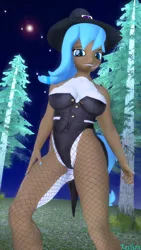 Size: 2160x3840 | Tagged: suggestive, artist:kevhon, derpibooru import, oc, oc:iva, unofficial characters only, anthro, 3d, breasts, commission, female, fishnets, hat, image, looking at you, nail polish, night, pine tree, png, shapeshifter, solo, solo female, source filmmaker, tree, witch hat, ych result