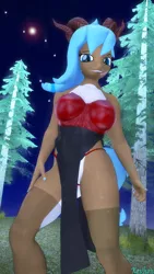 Size: 2160x3840 | Tagged: suggestive, artist:kevhon, derpibooru import, oc, oc:iva, unofficial characters only, anthro, demon, 3d, breasts, clothes, commission, female, horns, image, looking at you, nail polish, night, pine tree, png, shapeshifter, skirt, socks, solo, solo female, source filmmaker, stockings, thigh highs, top, tree, ych result