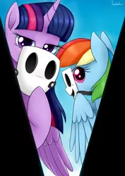 Size: 2480x3507 | Tagged: safe, artist:twidasher, derpibooru import, rainbow dash, twilight sparkle, twilight sparkle (alicorn), alicorn, pegasus, pony, duo, female, image, lesbian, looking at you, mask, movie reference, png, shipping, signature, twidash