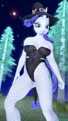 Size: 2160x3840 | Tagged: suggestive, artist:kevhon, derpibooru import, rarity, anthro, unicorn, 3d, breasts, commission, female, fishnets, hat, image, looking at you, nail polish, night, pine tree, png, solo, solo female, source filmmaker, tree, witch hat, ych result