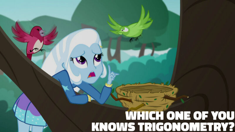 Size: 1280x720 | Tagged: safe, derpibooru import, edit, edited screencap, editor:quoterific, screencap, trixie, bird, a little birdie told me, equestria girls, equestria girls series, clothes, female, hoodie, image, jpeg, open mouth, solo, tree