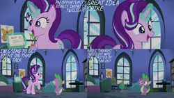 Size: 1280x720 | Tagged: safe, derpibooru import, edit, edited screencap, editor:quoterific, screencap, spike, starlight glimmer, dragon, pony, unicorn, every little thing she does, season 6, cute, female, glimmerbetes, image, magic, male, mare, open mouth, open smile, png, smiling, telekinesis, twilight's castle